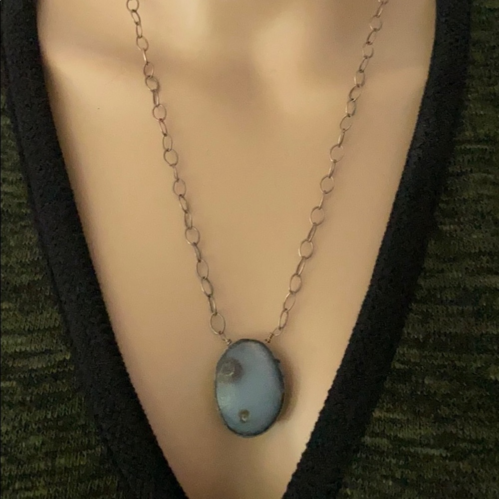 Polished Stone Pendant on Silver Chain. NIB